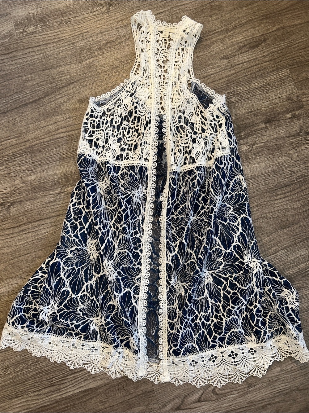 Lace Crochet Overlay Tank Dress Navy Cream Boho Festival Mini Medium - Picture 3 of 10